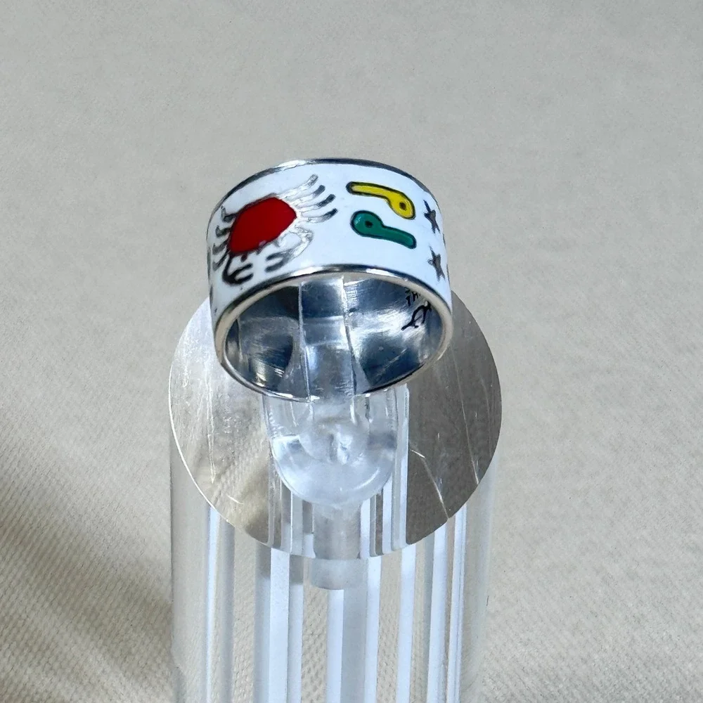 Sterling‎ Silver 925 Enamel Crab Tribal Folk Art Design Ring Thailand Size 4.25